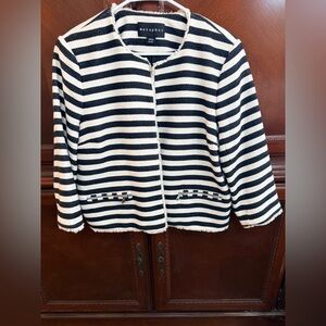 Metaphor NWOT Black & Cream Striped
Open-Front Frayed Blazer/Jacket, size ex lg